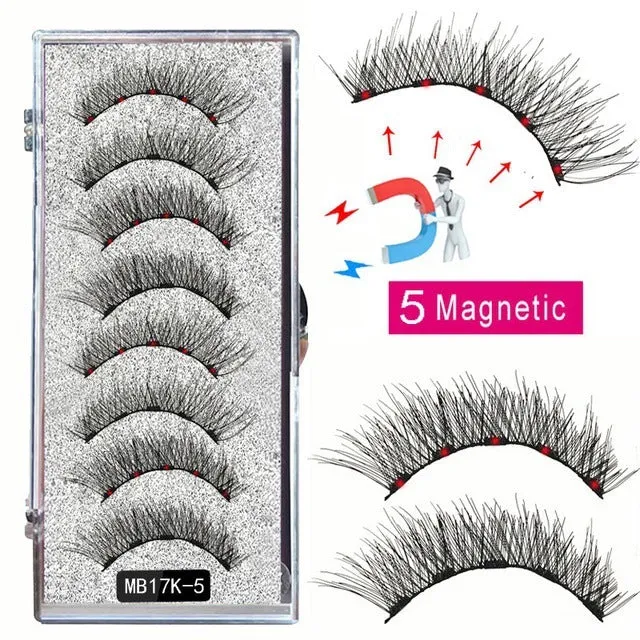 Magnetic false eyelash set with reusable clip natural slim style fiber plastic black stem