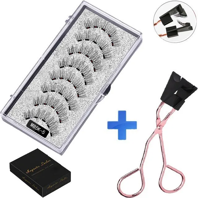 Magnetic false eyelash set with reusable clip natural slim style fiber plastic black stem