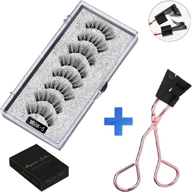 Magnetic false eyelash set with reusable clip natural slim style fiber plastic black stem