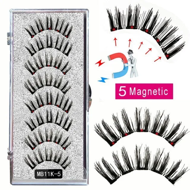 Magnetic false eyelash set with reusable clip natural slim style fiber plastic black stem