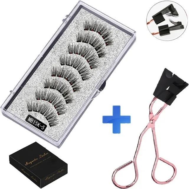 Magnetic false eyelash set with reusable clip natural slim style fiber plastic black stem