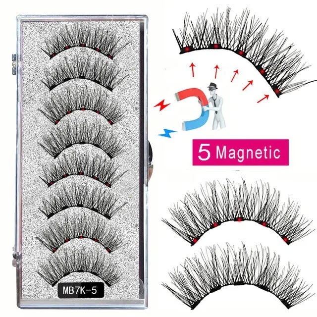 Magnetic false eyelash set with reusable clip natural slim style fiber plastic black stem