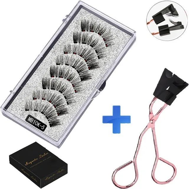 Magnetic false eyelash set with reusable clip natural slim style fiber plastic black stem