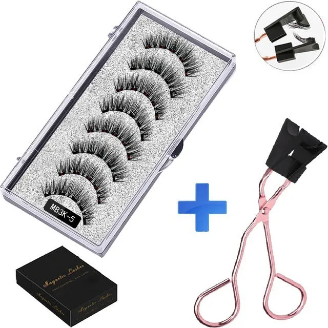 Magnetic false eyelash set with reusable clip natural slim style fiber plastic black stem
