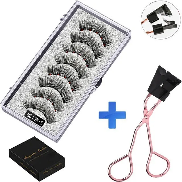 Magnetic false eyelash set with reusable clip natural slim style fiber plastic black stem