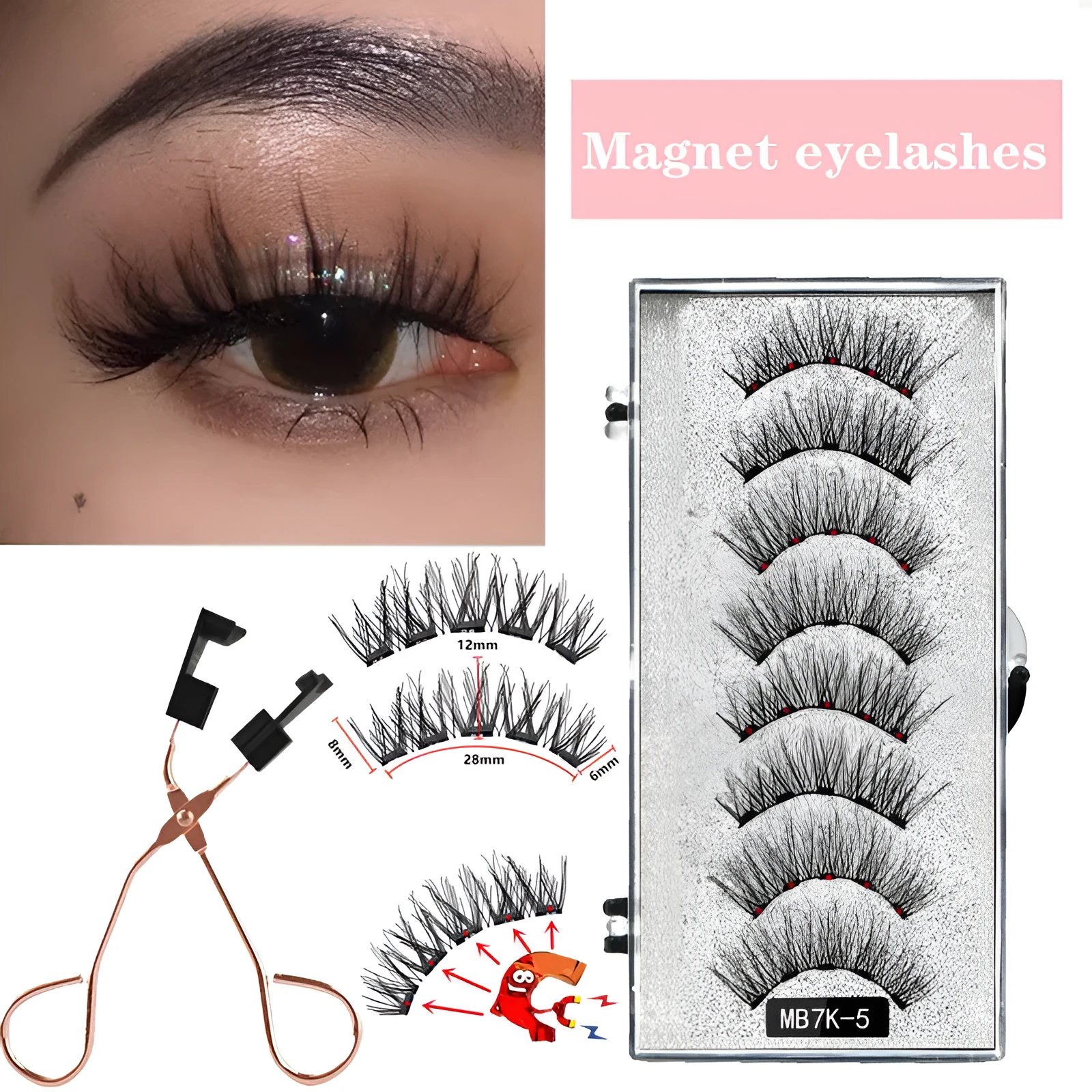 Magnetic false eyelash set with reusable clip natural slim style fiber plastic black stem