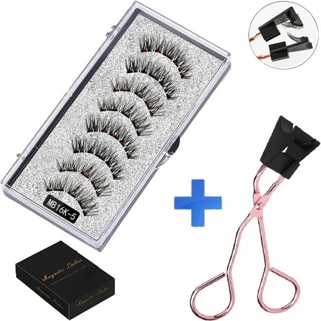 Magnetic false eyelash set with reusable clip natural slim style fiber plastic black stem