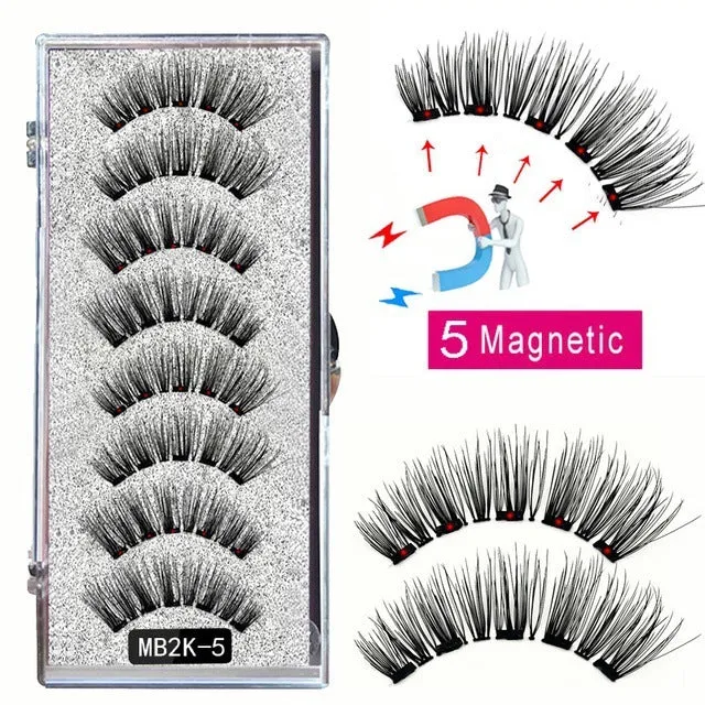 Magnetic false eyelash set with reusable clip natural slim style fiber plastic black stem