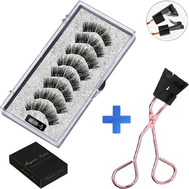 Magnetic false eyelash set with reusable clip natural slim style fiber plastic black stem