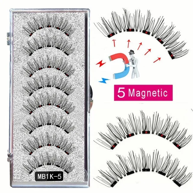 Magnetic false eyelash set with reusable clip natural slim style fiber plastic black stem