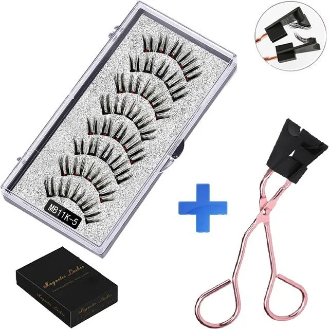 Magnetic false eyelash set with reusable clip natural slim style fiber plastic black stem