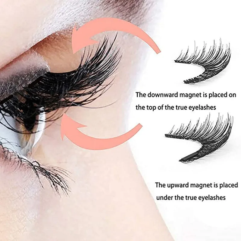 Magnetic false eyelash set with reusable clip natural slim style fiber plastic black stem
