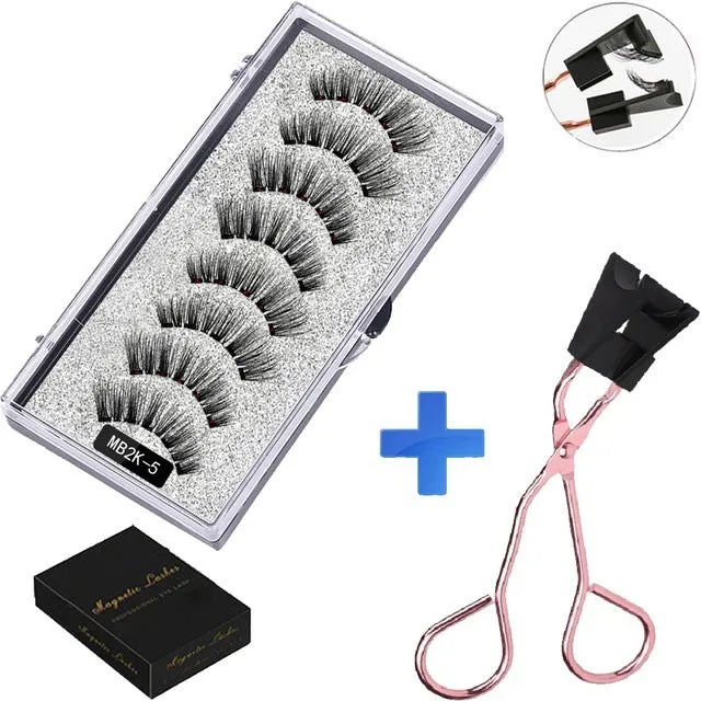 Magnetic false eyelash set with reusable clip natural slim style fiber plastic black stem
