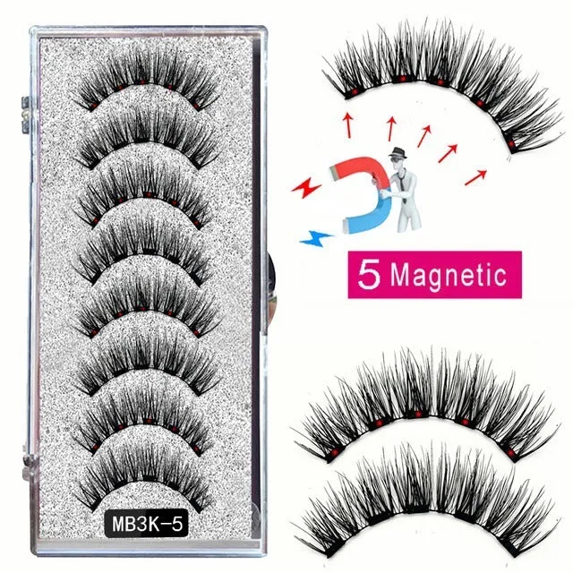 Magnetic false eyelash set with reusable clip natural slim style fiber plastic black stem