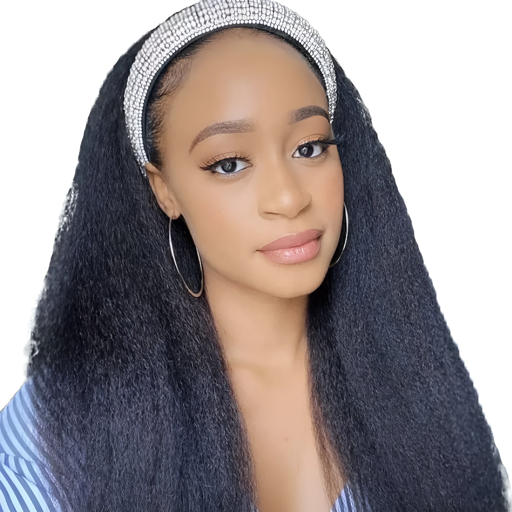 Headband wig human hair kinky straight natural 1B colour 8 to 26 inch length no knots