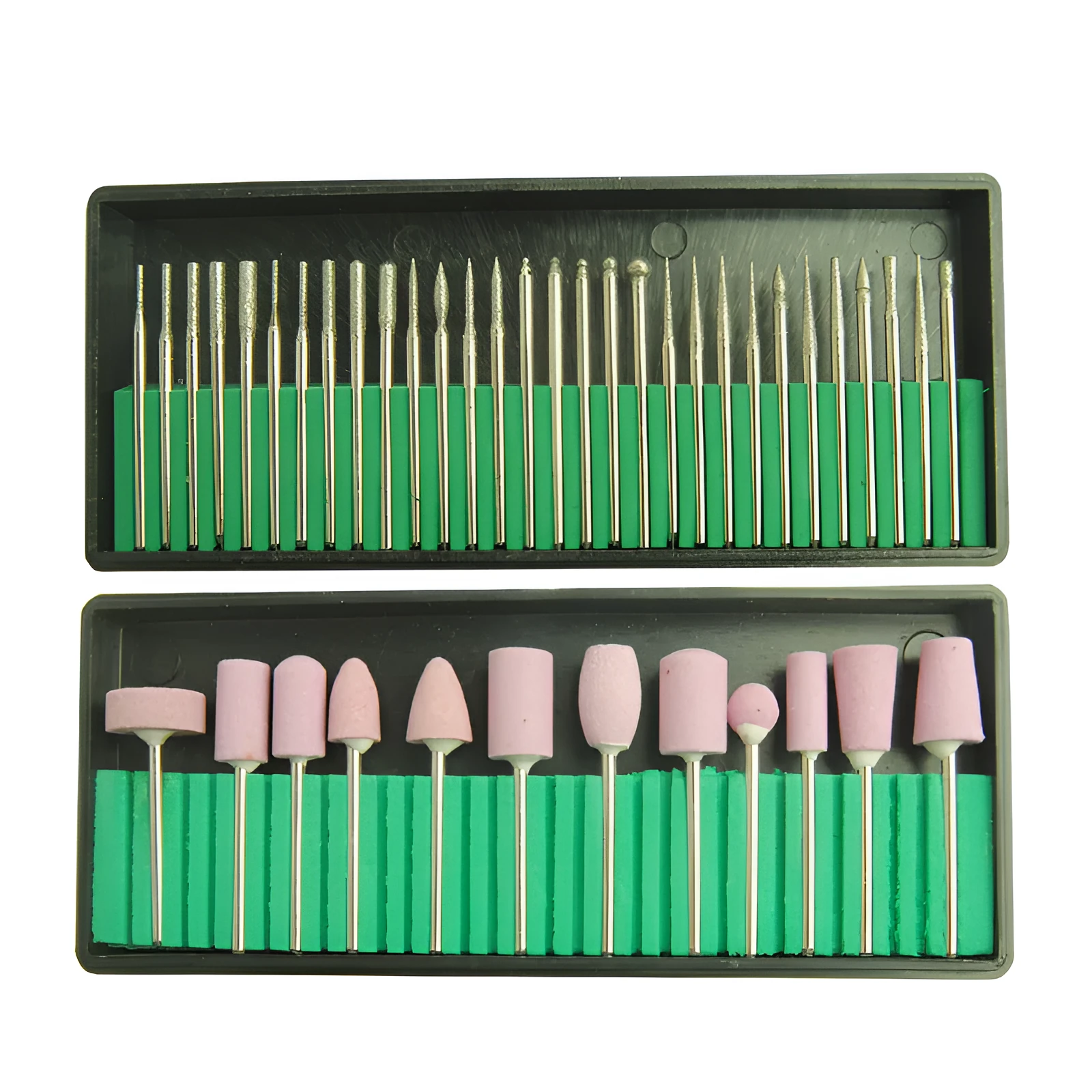 30-piece nail polishing head set with diamond, flint, and wool bits on a white background