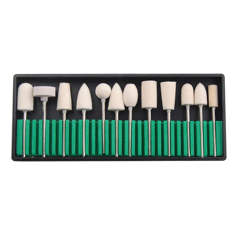 30-piece nail polishing head set with diamond, flint, and wool bits on a white background