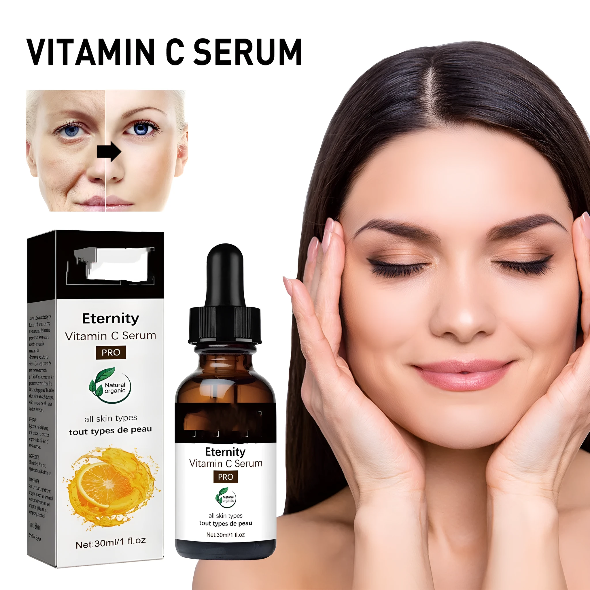 Bottle of Vitamin C serum facial essence 30ml for fading wrinkles and firming skin