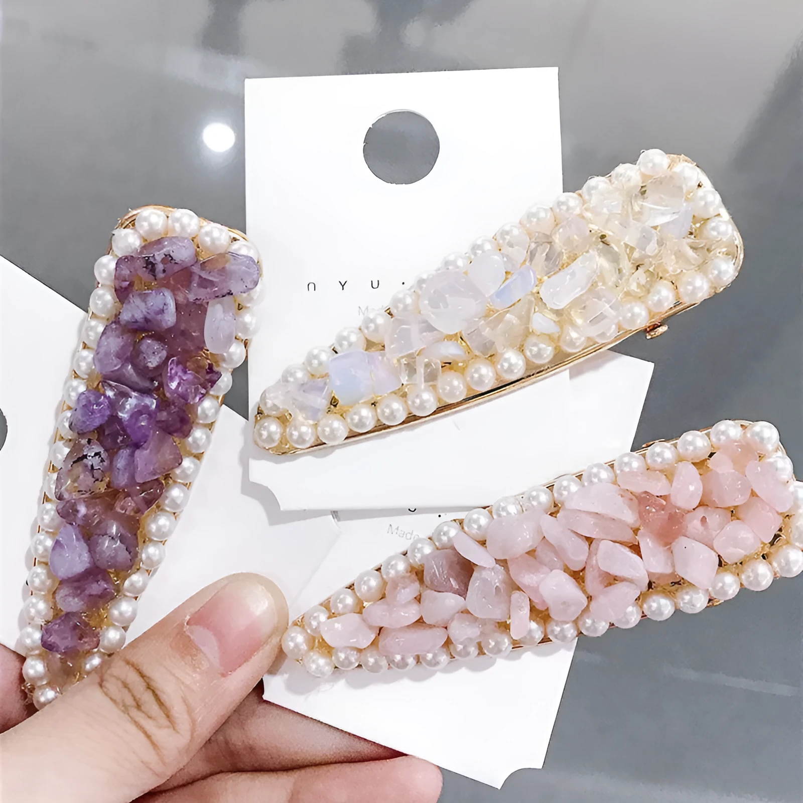 Crystal stone hairpin with metal base, 8cm length, available in four colours green, pink, purple, yellow