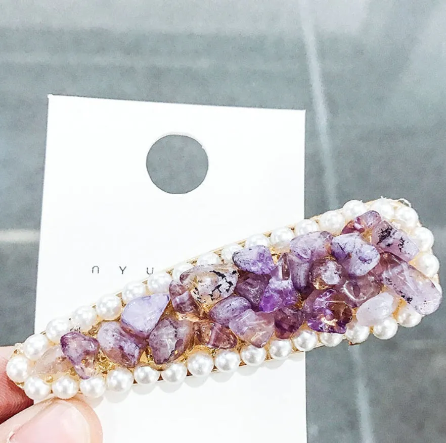 Crystal stone hairpin with metal base, 8cm length, available in four colours green, pink, purple, yellow