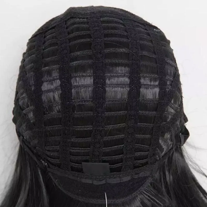 Medium split black big wave wig with long bangs and long curly hair made from high temperature wire