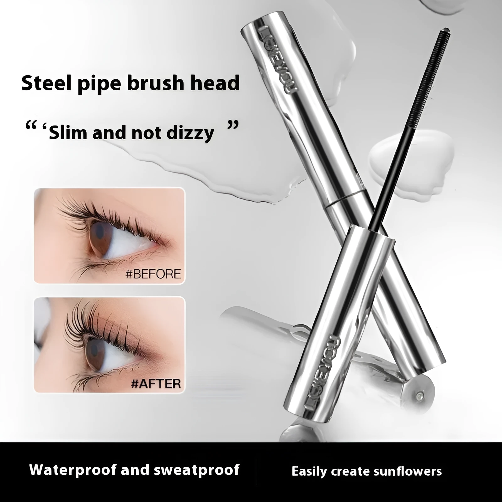 Waterproof steel tube mascara for long thick eyelashes in black or brown colour