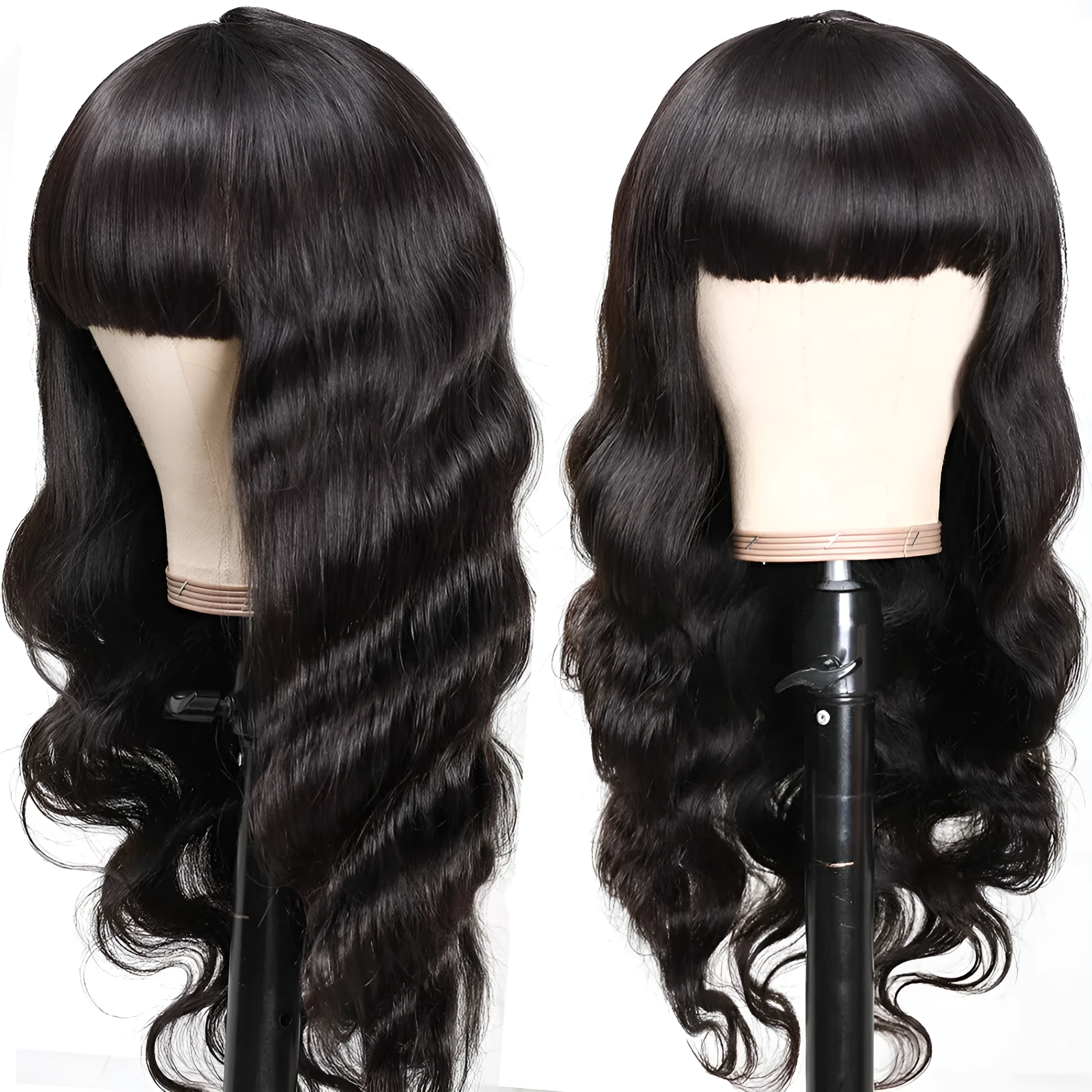 Real hair body headgear wig with bangs in black, long curly style, full mechanism human hair wig
