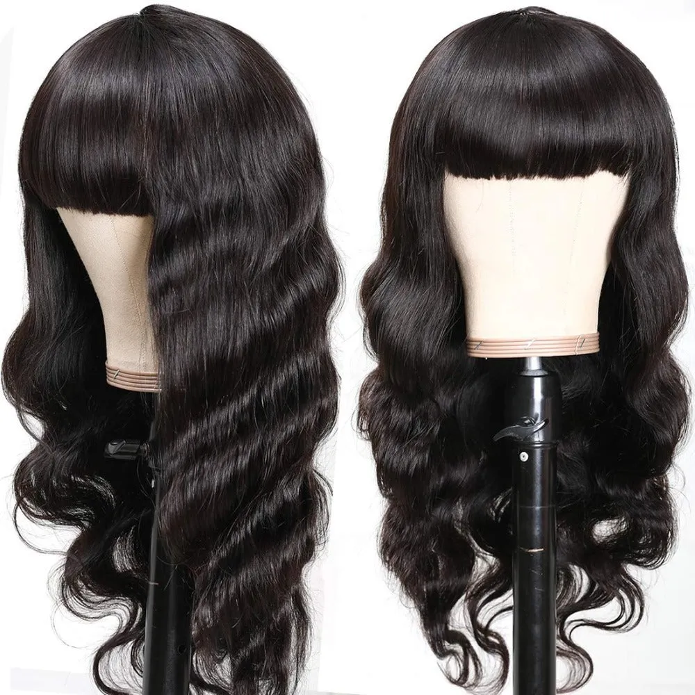 Real hair body headgear wig with bangs in black, long curly style, full mechanism human hair wig