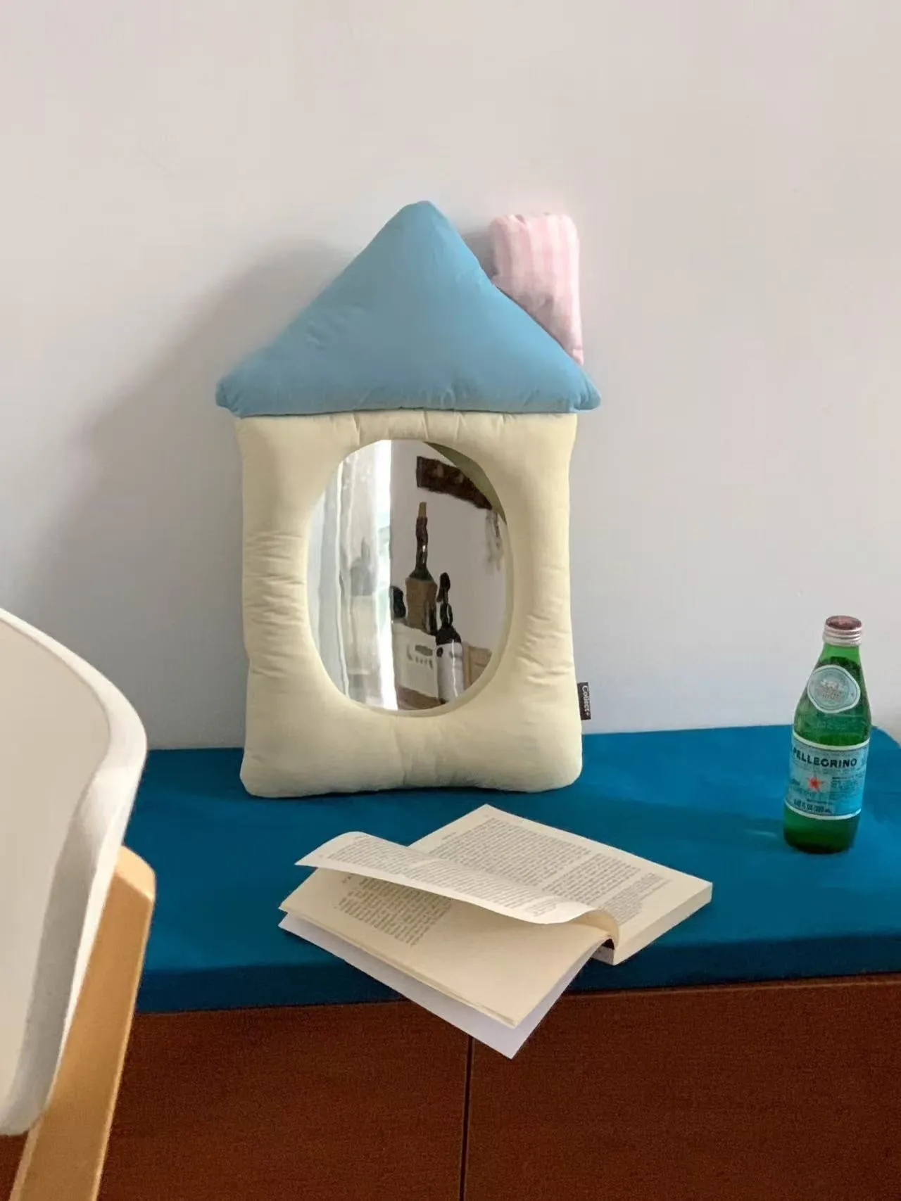 INS Korean-style wall mirror with aluminium lens and soft fabric frame in green apple colour.
