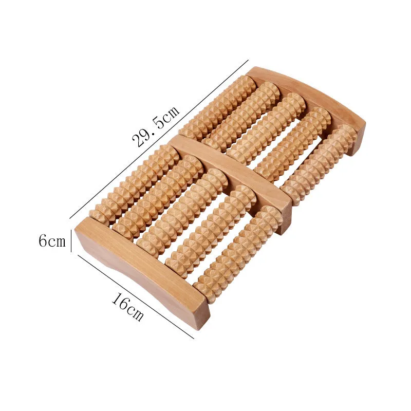 Wooden six-row roller foot massager for acupoint hand massage on a flat surface
