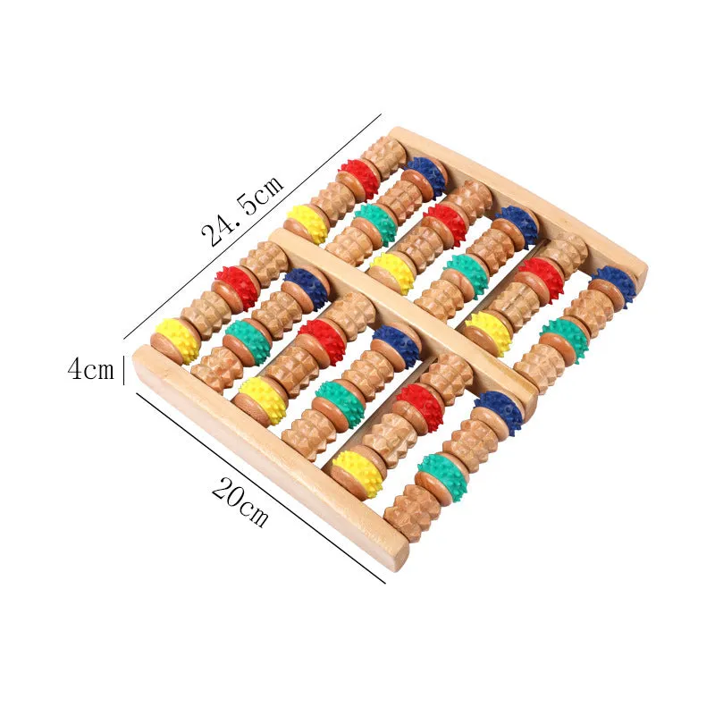 Wooden six-row roller foot massager for acupoint hand massage on a flat surface