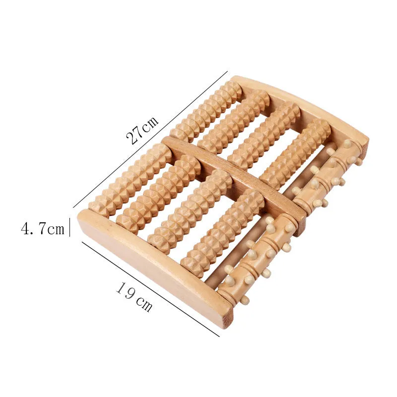 Wooden six-row roller foot massager for acupoint hand massage on a flat surface