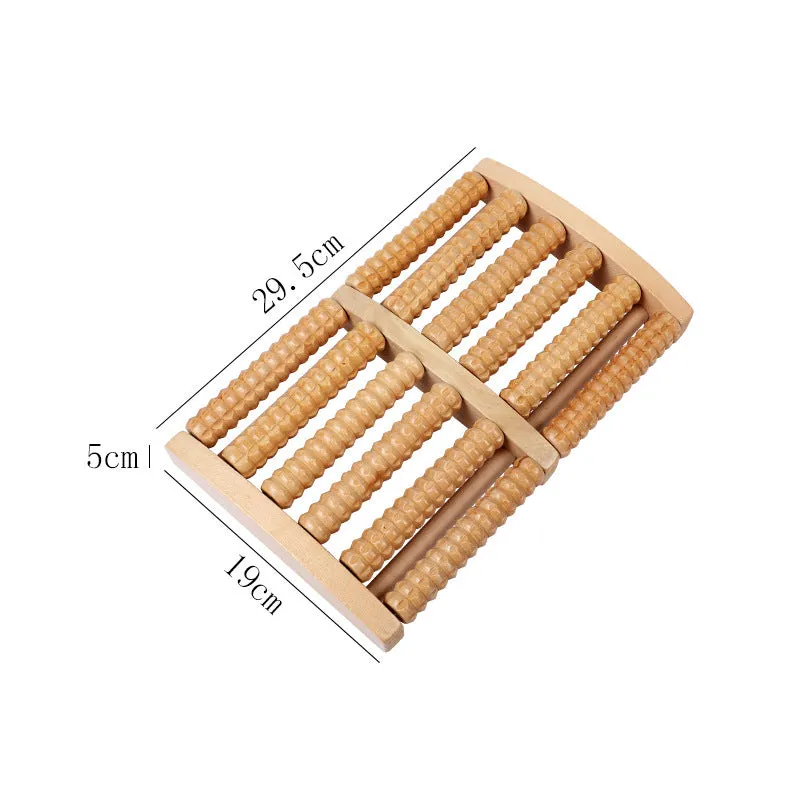 Wooden six-row roller foot massager for acupoint hand massage on a flat surface