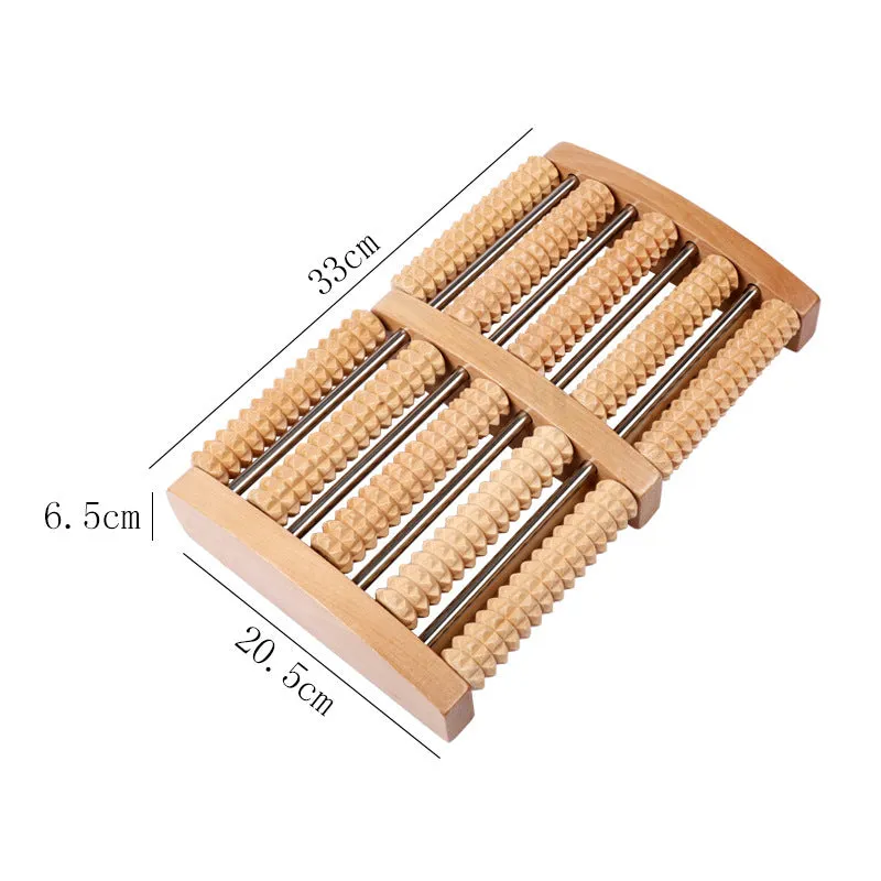Wooden six-row roller foot massager for acupoint hand massage on a flat surface