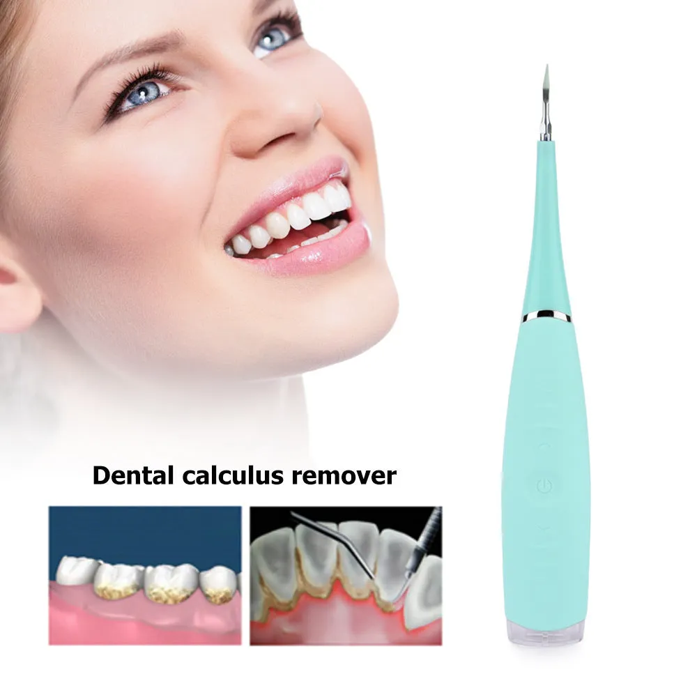 Electric dental scaler with USB rechargeable base, pink colour, compact design for home calculus removal