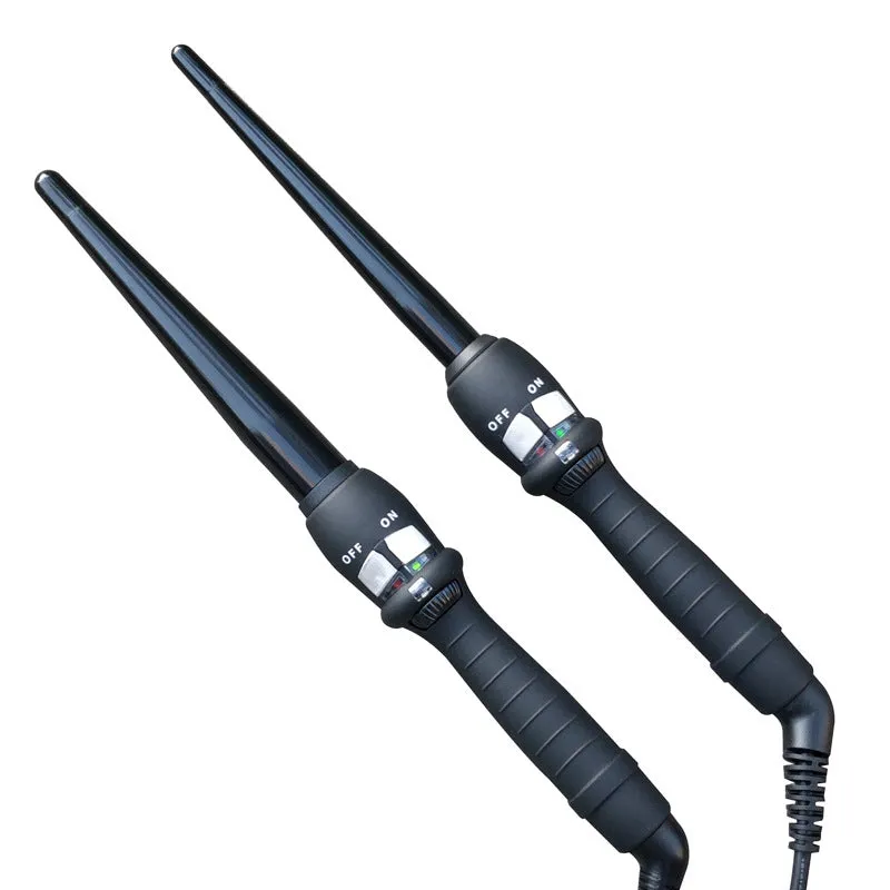 Black cone electric hair curler with ceramic glaze barrel and two temperature controls