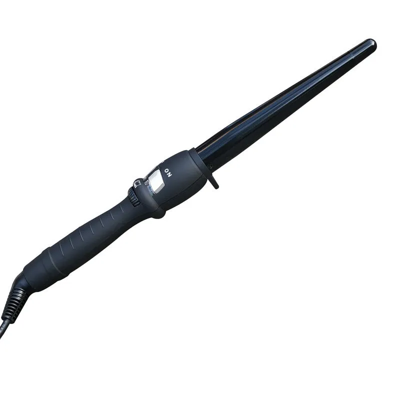Black cone electric hair curler with ceramic glaze barrel and two temperature controls
