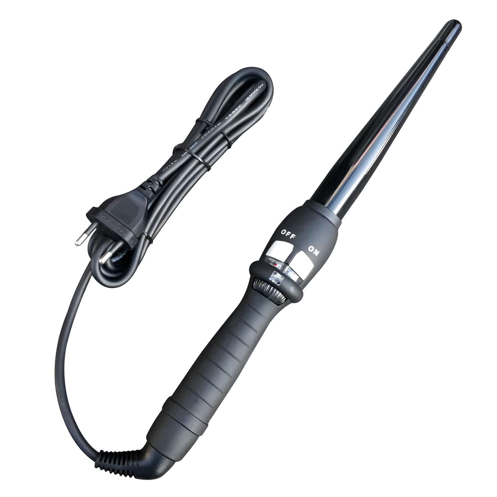Black cone electric hair curler with ceramic glaze barrel and two temperature controls