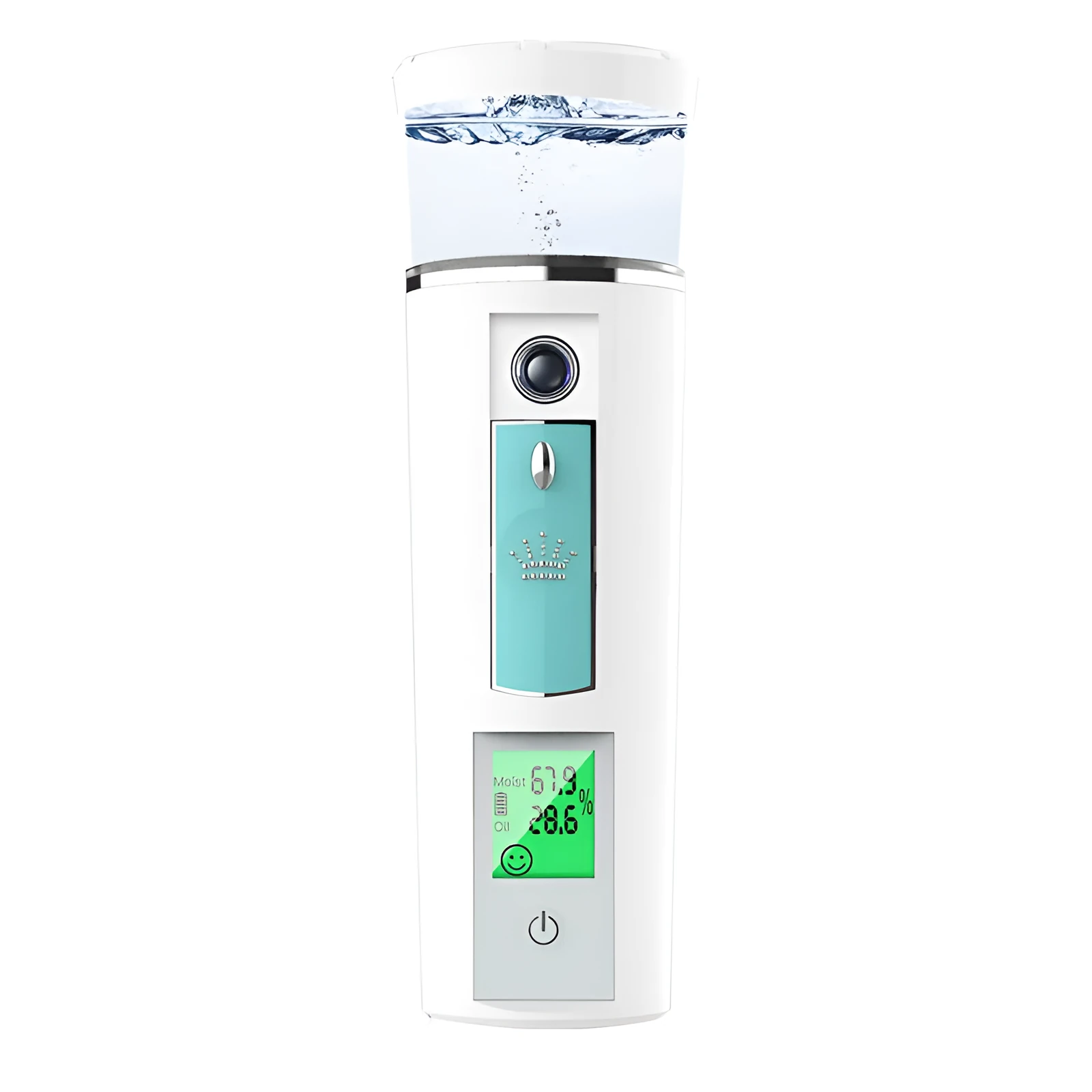 White rechargeable USB portable facial moisturiser spray 15cm by 4.5cm on a table