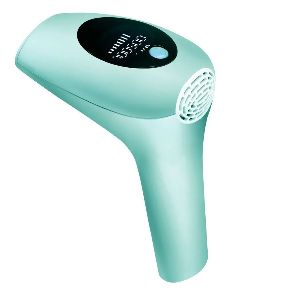 Compact laser hair removal handset in dark green with 8 power levels and skin rejuvenation