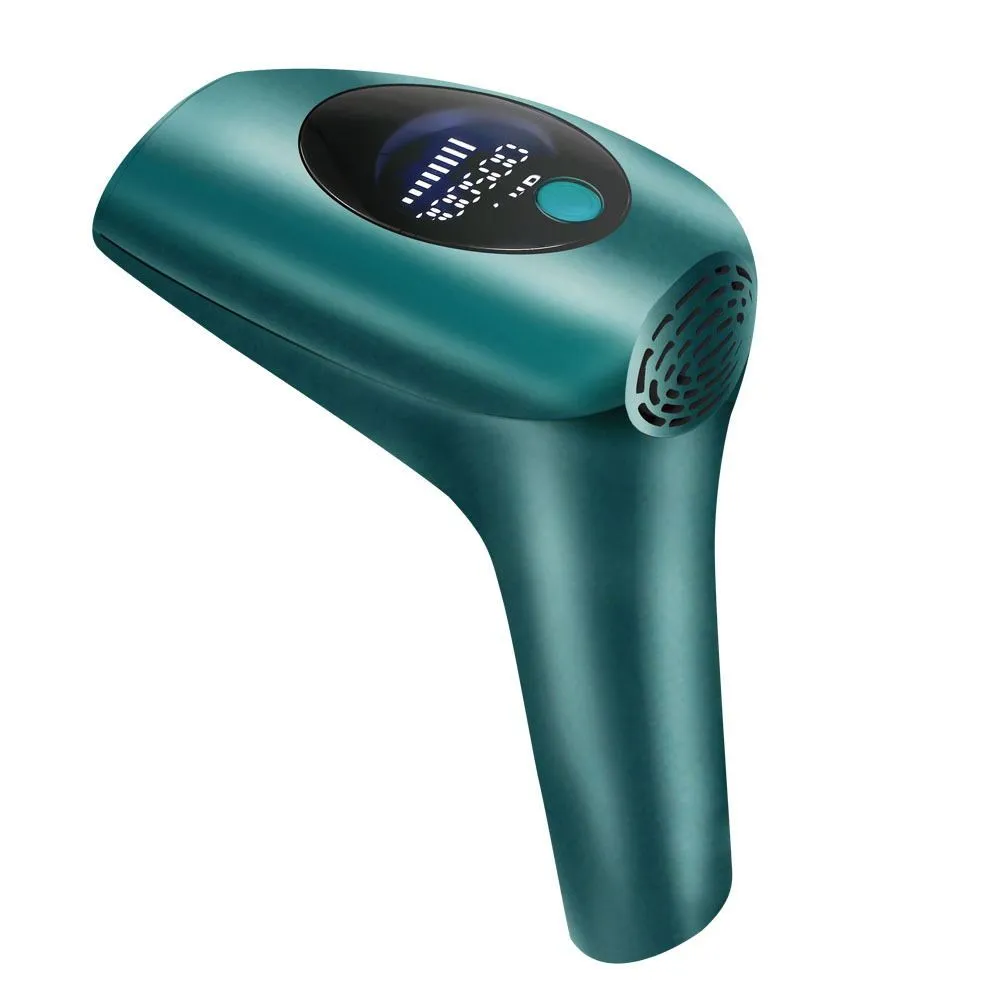 Compact laser hair removal handset in dark green with 8 power levels and skin rejuvenation
