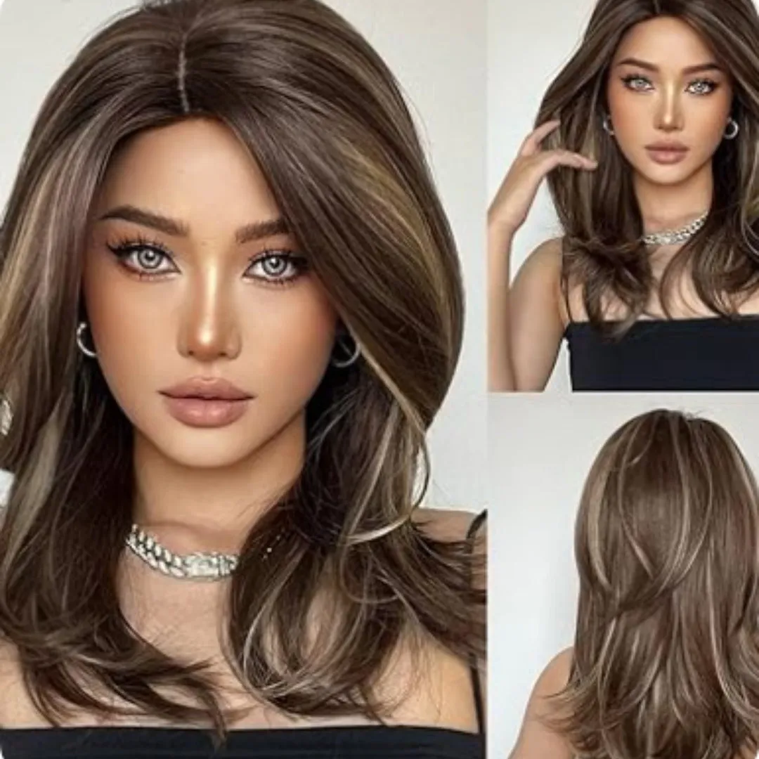 Mid-length curly synthetic wig with long bangs in a platinum gradient colour