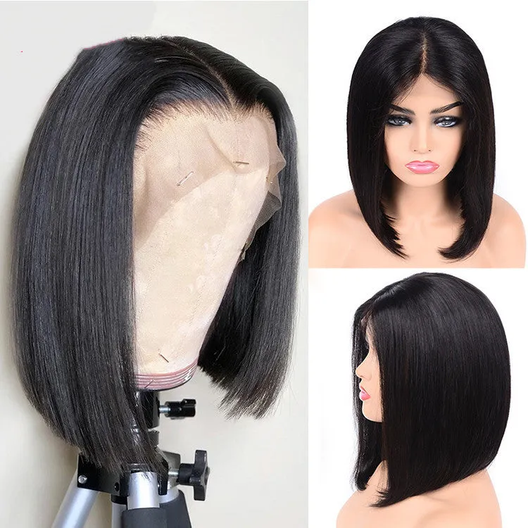 Front lace black short straight wig half hand-woven chemical fiber high temperature silk black colour