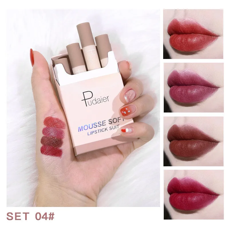 Small pipe lipstick set of four shades with velvet matte finish, 2.5g each, compact size