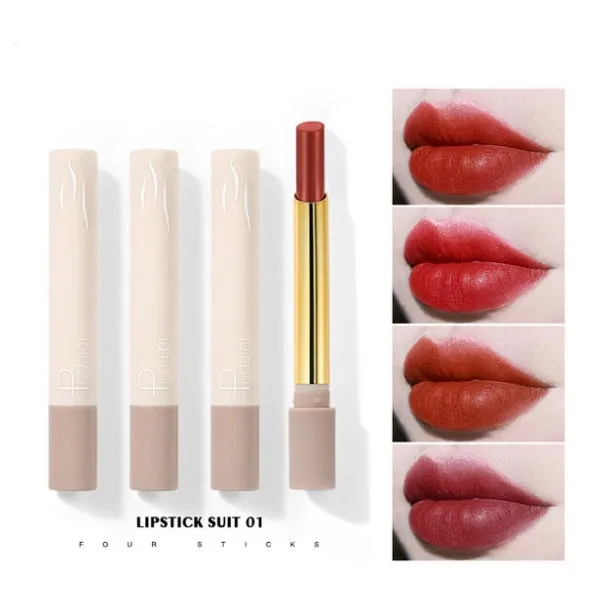 Small pipe lipstick set of four shades with velvet matte finish, 2.5g each, compact size