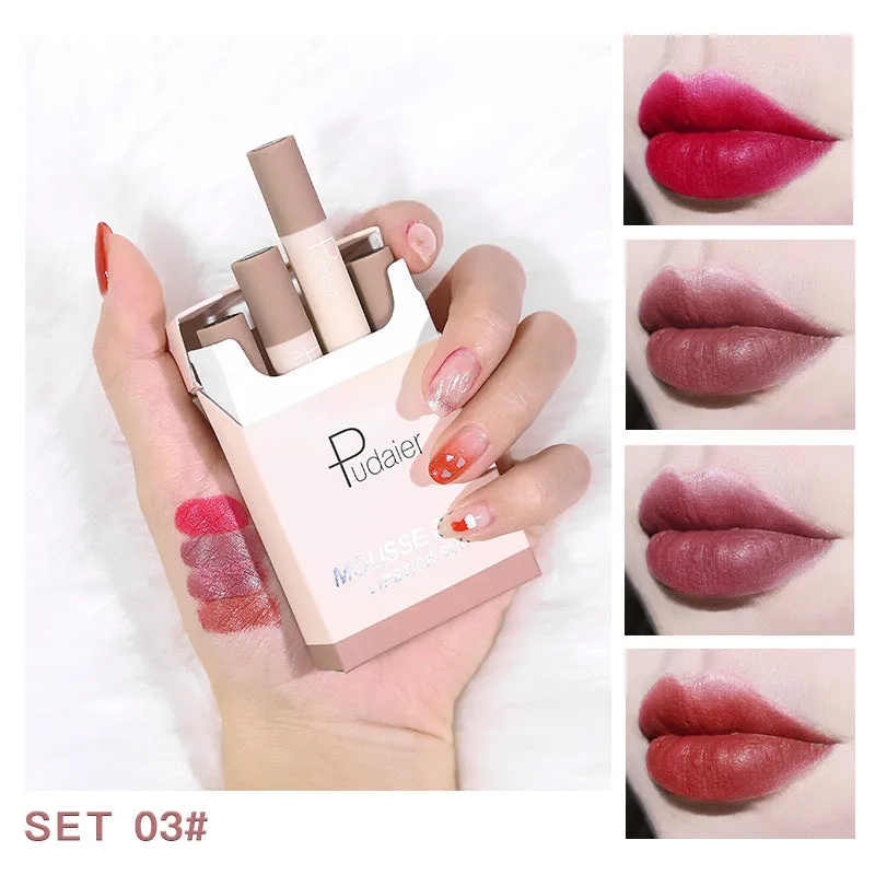 Small pipe lipstick set of four shades with velvet matte finish, 2.5g each, compact size
