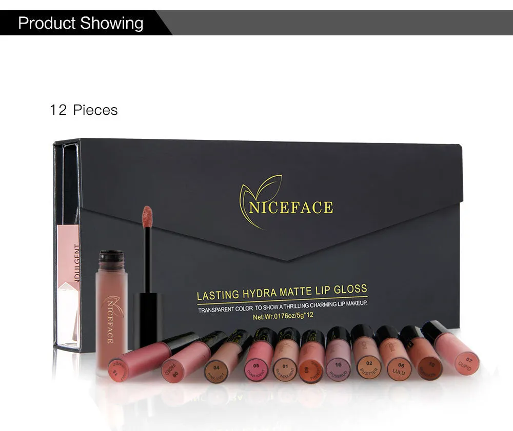 12-colour lip gloss set with 12 different shades in a compact makeup kit