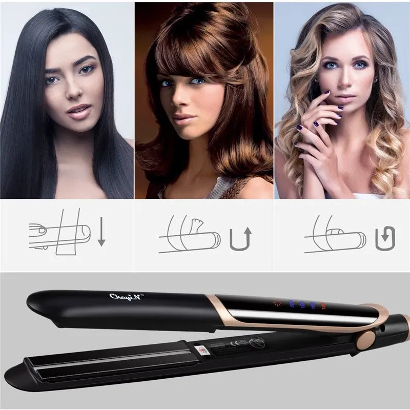 Black ceramic tourmaline negative ion hair straightener curler with LED display and 31cm plate