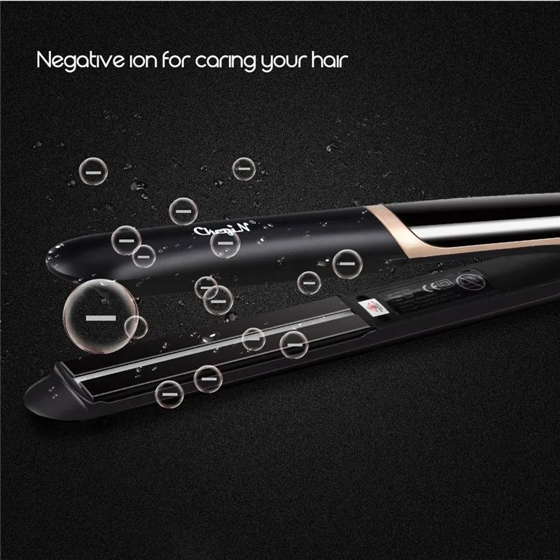 Black ceramic tourmaline negative ion hair straightener curler with LED display and 31cm plate