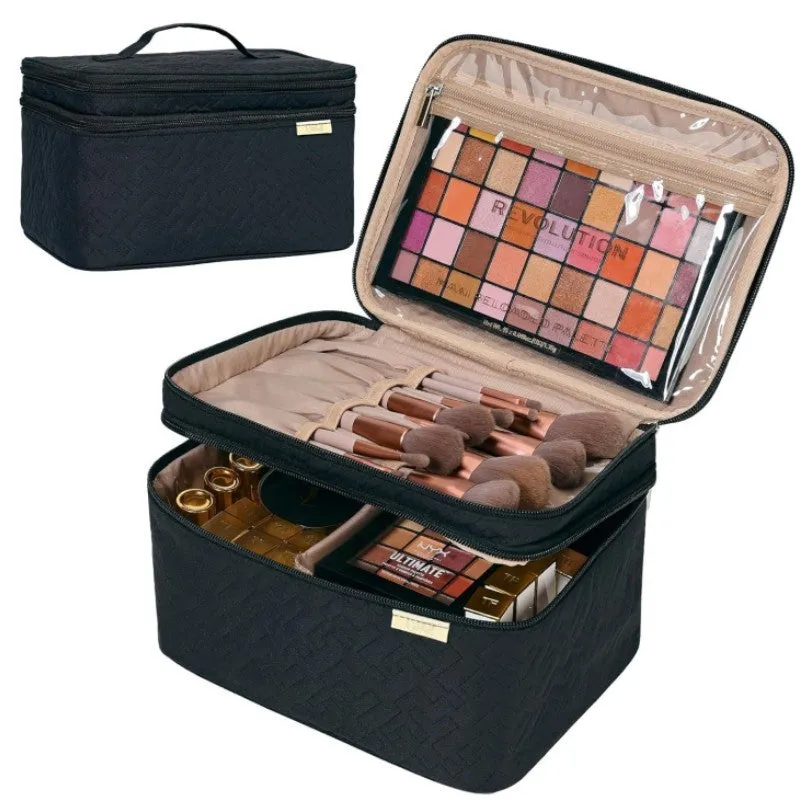 Portable double layer cosmetics bag in peach fabric leather, available in black and pink for home storage